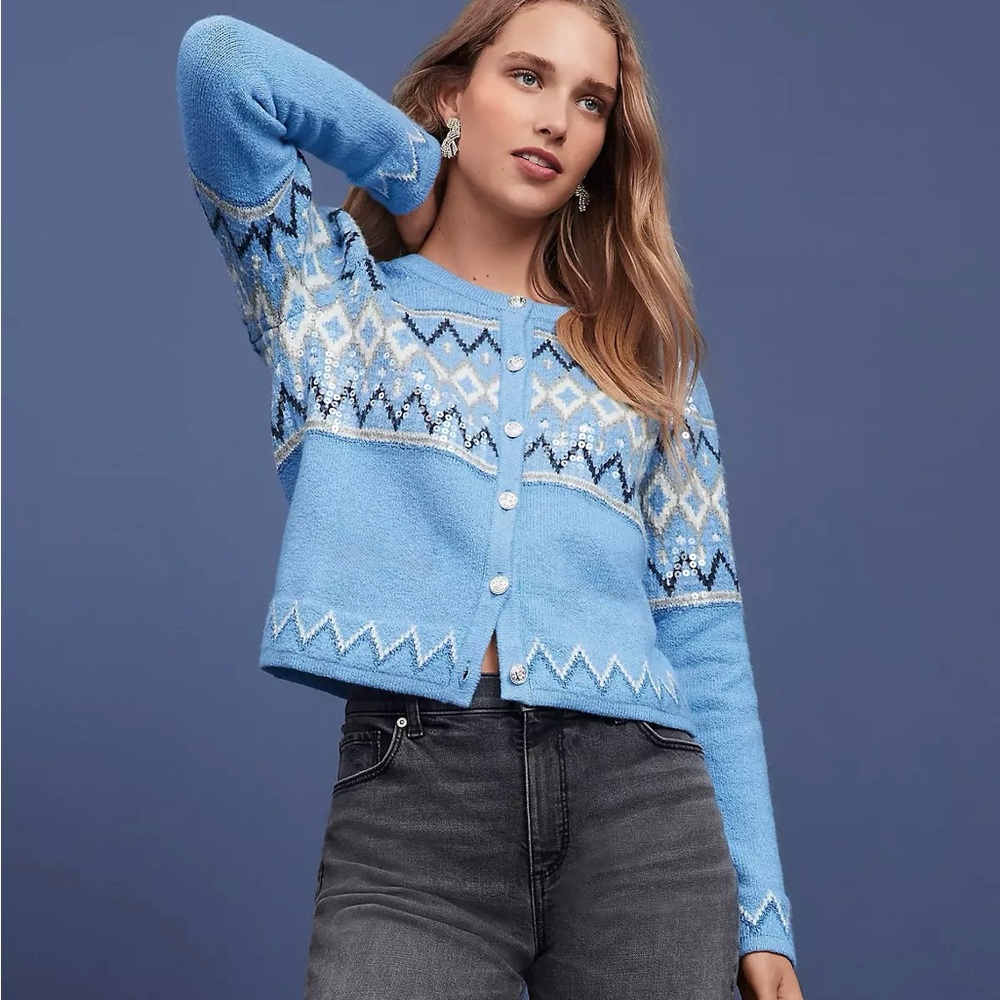 LOFT Sequin Fair Isle Sweater Jacket Light Blue size XS Cotton Blend - Picture 2 of 9